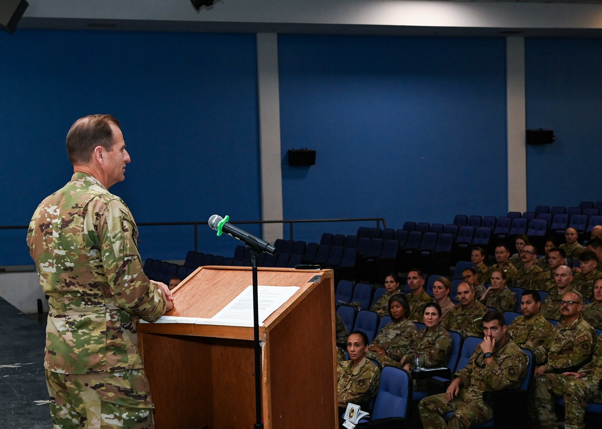 U.S. Air Force Maj. Gen. Corey Martin, 18th Air Force Commander, addresses members of the 816th Expeditionary Airlift Squadron during an inactivation ceremony Sept. 30, 2022 at Al Udeid Air Base, Qatar. There are many career fields that make up the 816th EAS, such as crew chiefs and loadmasters. (U.S. Air National Guard photo by Master Sgt. Michael J. Kelly)