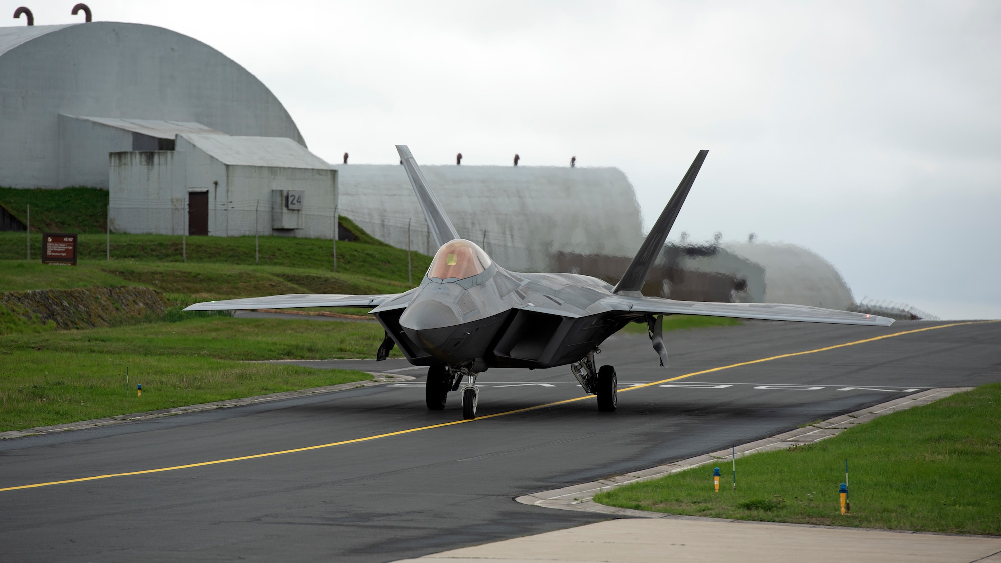 An F-22 raptor arrives at Spangdahlem Air Base.