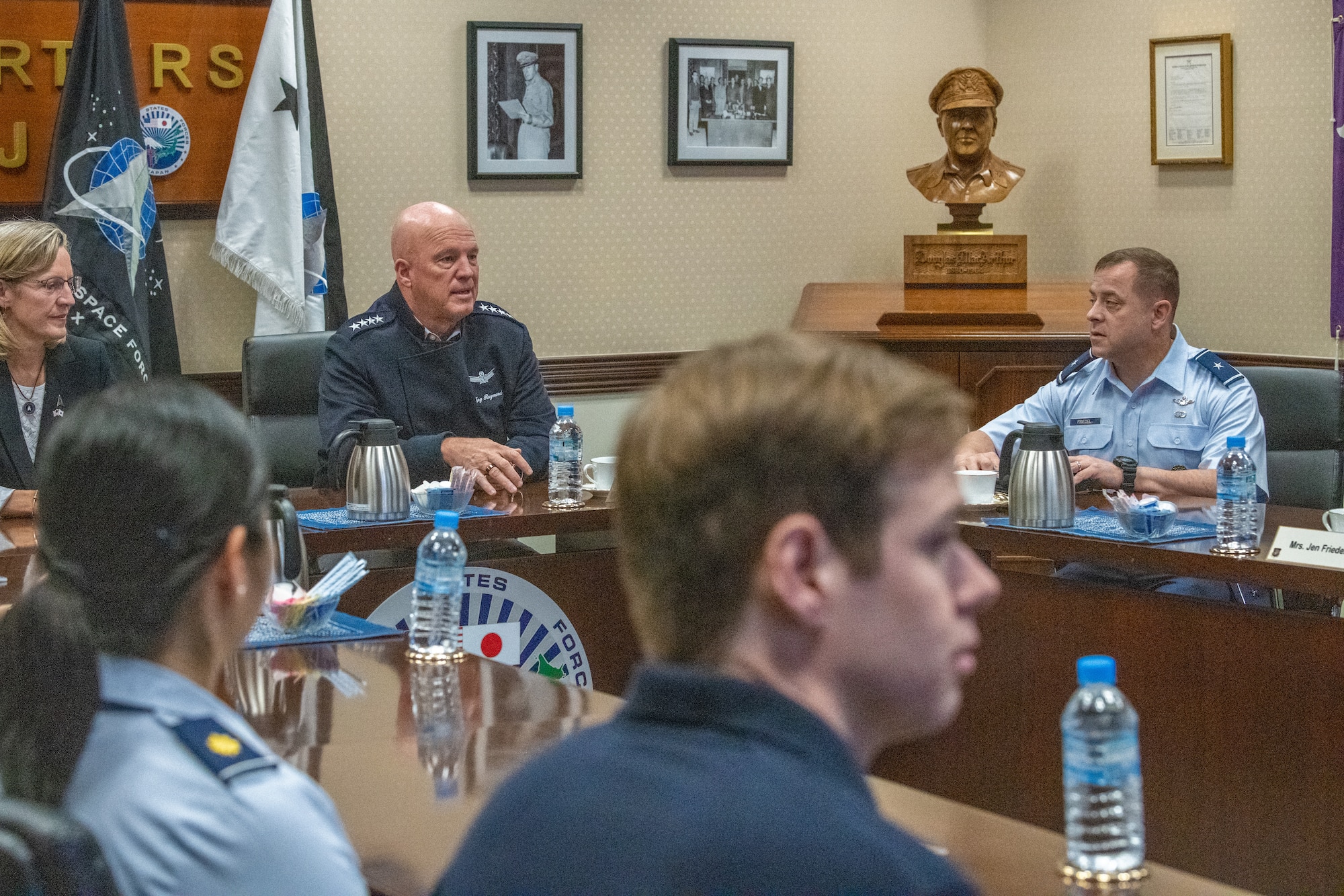 U.S. Space Force Gen. John "Jay" Raymond, Chief of Space
Operations, left, meets with U.S. Forces Japan officials at Yokota Air Base, Japan, Oct. 4, 2022. During his visit, Raymond met with senior leaders, toured the base and met with Guardians assigned to the 374th Airlift Wing. (U.S. Air Force photo by Staff Sgt. Jessica Avallone)