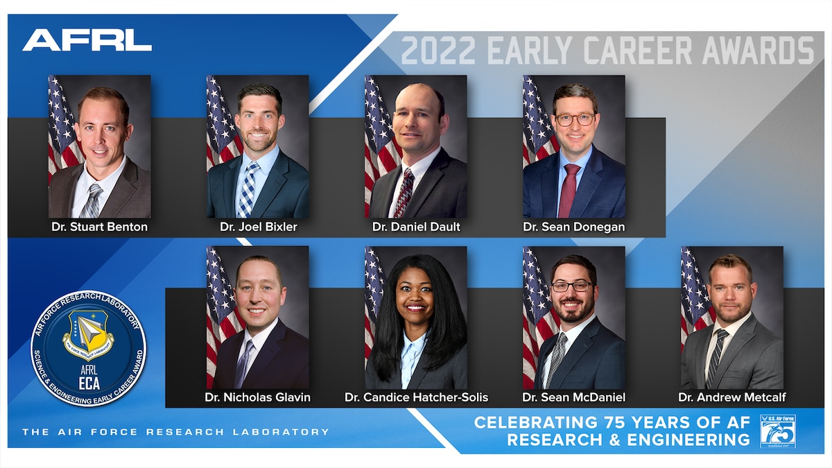 The winners of the 2022 Air Force Research Laboratory, or AFRL, Science and Engineering Early Career Awards are, from left to right, top to bottom:  Dr. Stuart Benton, Dr. Joel Bixler, Dr. Daniel Dault, Dr. Sean Donegan, Dr. Nicholas Glavin, Dr. Candice Hatcher-Solis, Dr. Sean McDaniel and Dr. Andrew Metcalf. AFRL will honor these professionals for outstanding career accomplishments, Oct. 12, 2022, from 2:30-4 p.m. at the National Museum of the U.S. Air Force. (Courtesy photo / U.S. Air Force)