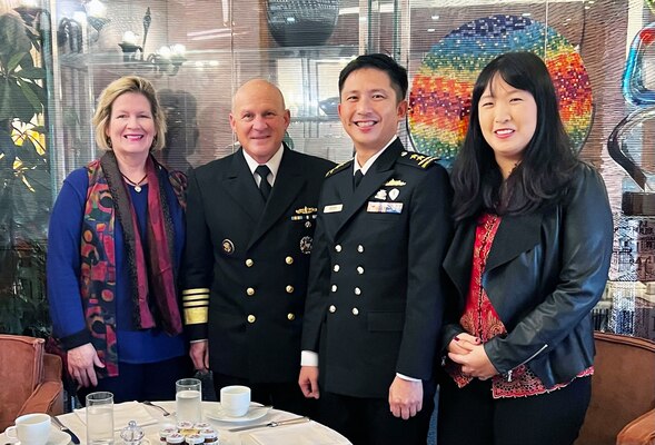 VENICE, Italy (Oct. 5, 2022) - Chief of Naval Operations Adm. Mike Gilday and his wife Linda, meet with Singapore’s Chief of Navy Rear Adm. Aaron Beng and his wife Sharon Koh, in Venice, Italy, at the Trans-Regional Seapower Symposium, Oct. 5. T-RSS is the leading forum in the wider Mediterranean region, hosting the largest gathering of international navy leaders, organizations and agencies with a key role in the maritime dimension. (U.S. Navy photo by Cmdr. Courtney Hillson/released)