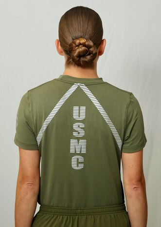 The female version of the latest iteration of the physical training uniform prototype is shown here, modeled by a U.S. Marine at Marine Corps Base Quantico, Virginia.