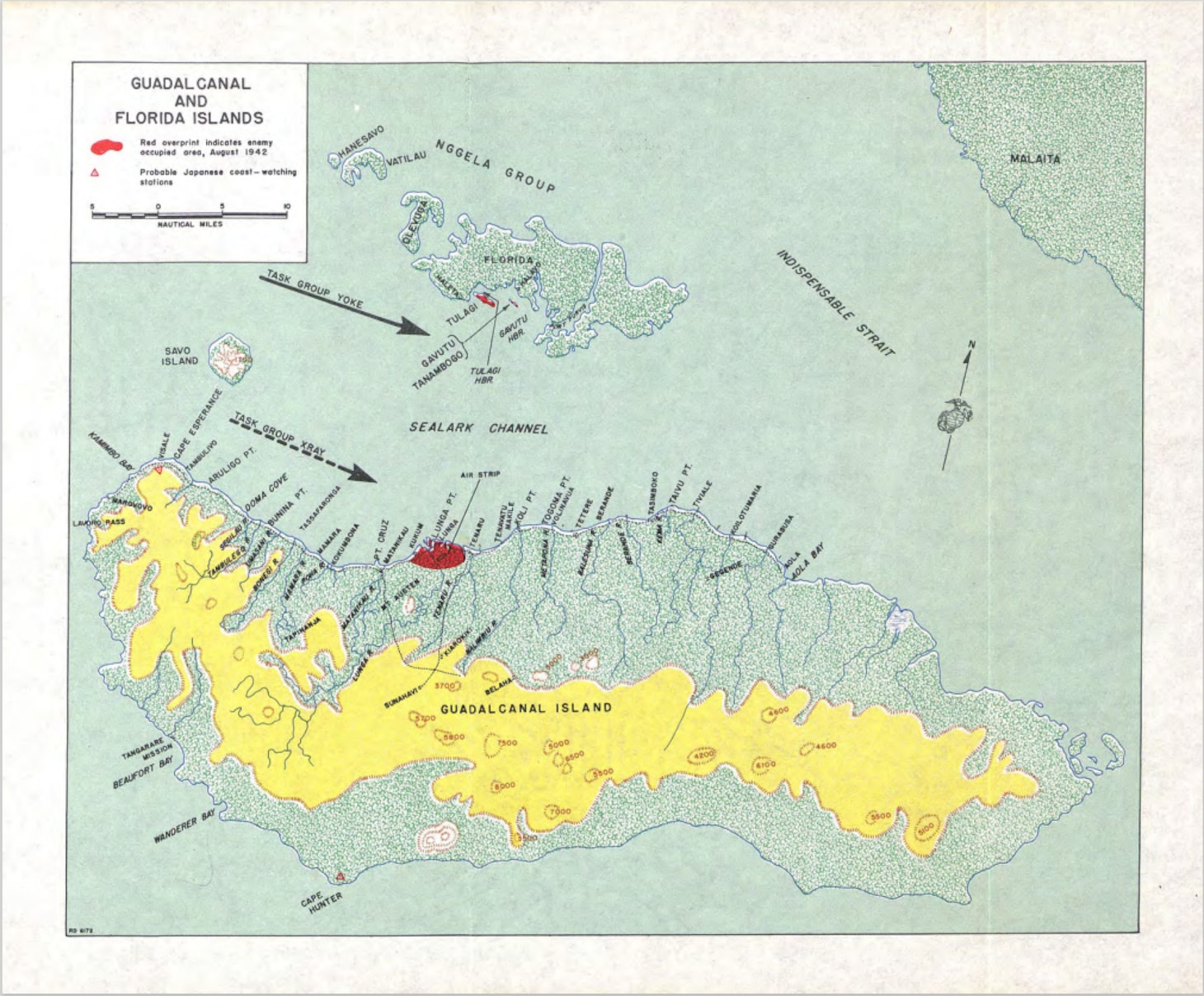 Guadalcanal and Florida Islands, August 1942. From John L. Zimmerman, The Guadalcanal Campaign (Washington, D.C.: Historical Division, Headquarters, U.S. Marine Corps, 1949).