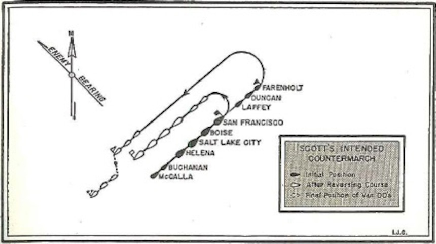 Scott’s intended countermarch. From Samuel Eliot Morison, The Struggle for Guadalcanal, August 1942-February 1943, vol. 5, History of United States Naval Operations in World War II (Boston: Little, Brown and Company, 1949), 155.