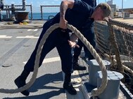 The Arleigh Burke-class guided-missile destroyer USS Porter (DDG 78) departs Naval Station Rota, Spain, to begin its homeport shift to Norfolk, Virginia, Sept. 28, 2022.