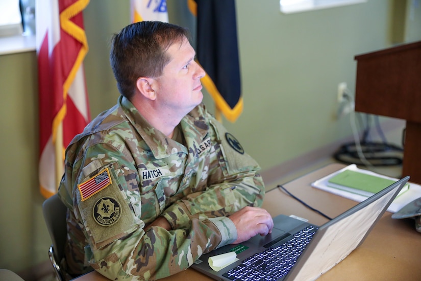 Col. Kelly Johnson, G3, 3rd Medical Command (Deployment Support), brings his unit's capabilities into focus during the U.S. Army Reserve Command Training Summit held 27-29 July, 2022 at the U.S. Army Civil Affairs and Psychological Operations headquarters, Fort Bragg, NC. (U.S. Army Reserve photo by Sgt. 1st Class Lisa M. Litchfield)