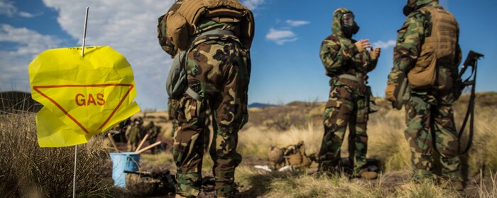 Marines go through a simulated decontamination center after a scenario simulating a chemical attack March 13 during Dragon Fire Exercise 15-2 at Pohakuloa Training Area. The Marines are with Headquarters Battery, 12th Marine Regiment, 3rd Marine Division, III Marine Expeditionary Force. (U.S. Marine Corps photo by Lance Cpl. William Hester/ Released) Cropped version of 150314-M-XX123-417