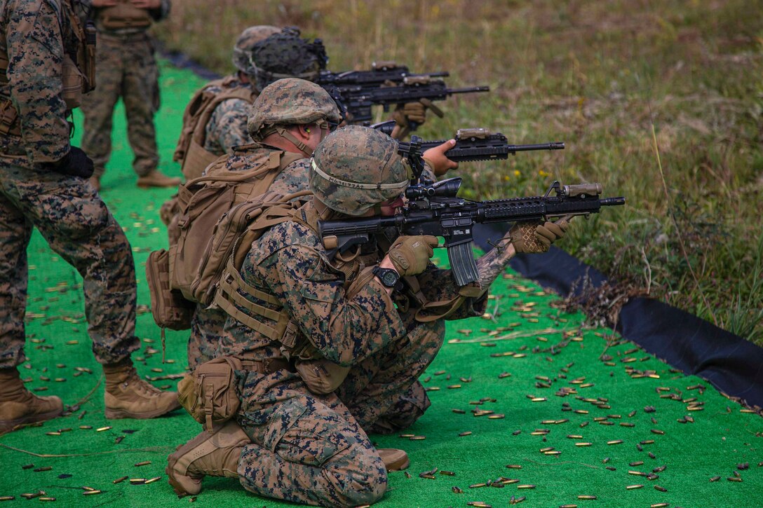 Marines kneel in a line while shooting at targets.