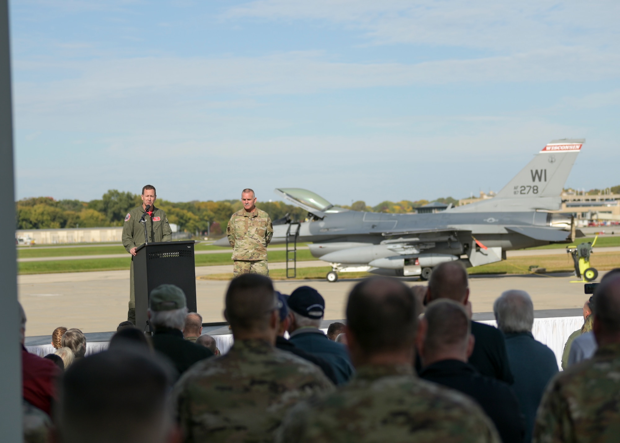 F-16 Fighting Falcon aircraft assigned to the Wisconsin Air National Guard's 115th Fighter Wing, overfly Truax Field, Madison, Wisconsin during a ceremony commemorating the units final departure with the aircraft Oct. 5, 2022. The F-16 first arrived at Truax Field in 1992 as the eighth primary airframe since the units inception in 1948 and is scheduled to be replaced by the F-35 Lightning II aircraft in the Spring of 2023. (U.S. Air National Guard photo by Staff Sgt. Cameron Lewis)