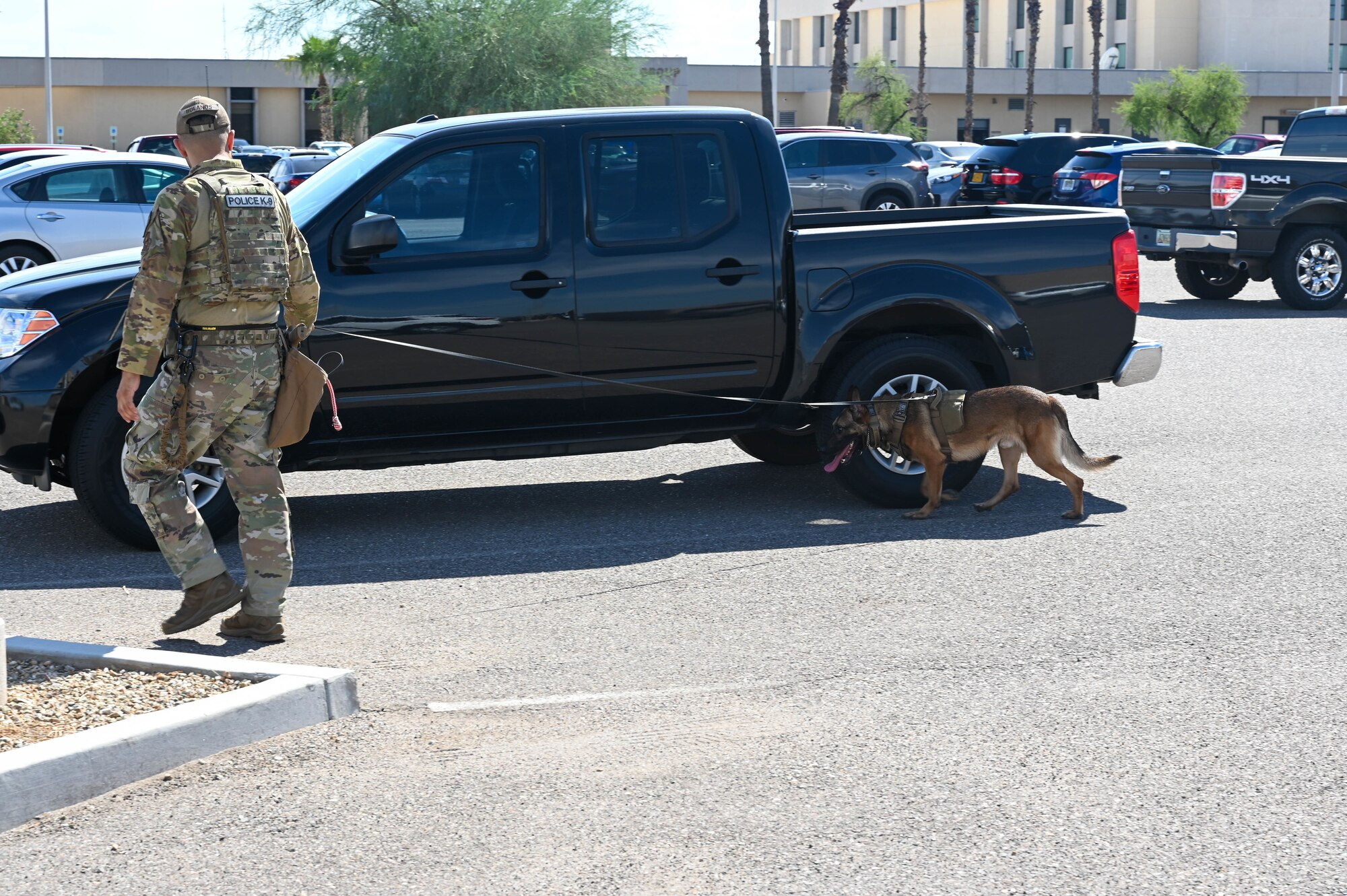 U.S. Air Force Senior Airman Bryan Bolanos, 56th Security Forces Squadron military working dog handler, sweeps a vehicle with his MWD, Edo, Sept. 29, 2022, at Luke Air Force Base, Arizona.
