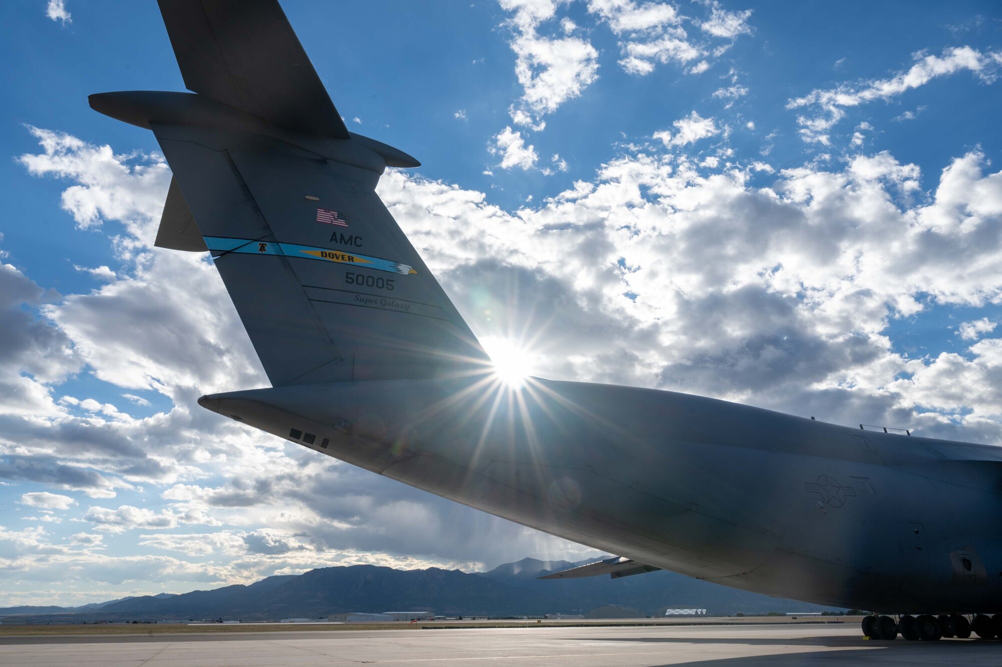 A Dover Air Force Base C-5M Super Galaxy sits on the flight line during an outreach mission at Peterson Space Force Base, Colorado, Sept. 30, 2022. The total force aircrew consisted of Airmen from the 436th Airlift Wing and the 512th Airlift Wing. (U.S. Air Force photo by Senior Airman Faith Barron)