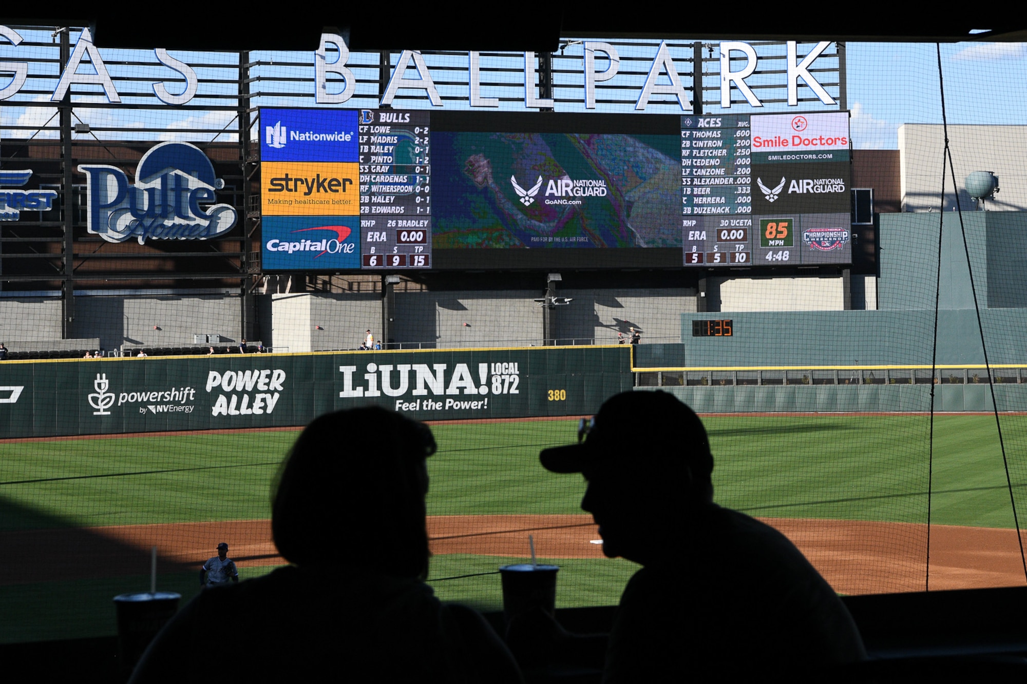 An Air National Guard commercial plays on a videoboard inside Las Vegas Ballpark at Summerlin, Nevada, Oct. 2, 2022.