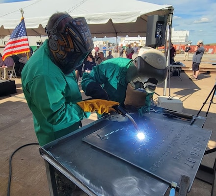 The keel for the future USNS Saginaw Ojibwe Anishinabek (T-ATS 8) was ceremonially laid at Bollinger Houma Shipyards in Houma, LA, Oct. 3. Rear Adm. Tom Anderson, Program Executive Officer, Ships joined the Honorable Theresa Peters Jackson, Chief of the Saginaw Chippewa Tribe and other members of the tribe, as the keel was authenticated for their namesake ship.