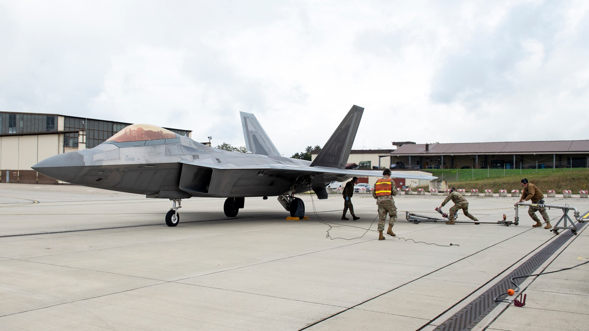 An F-22 Raptor gets refueled prior to take off at Spangdahlem Air Base, Germany.