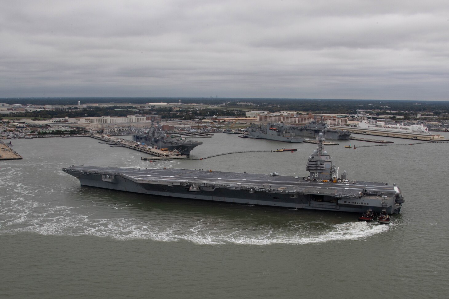 USS Gerald R. Ford (CVN 78) departs Naval Station Norfolk on its first deployment.