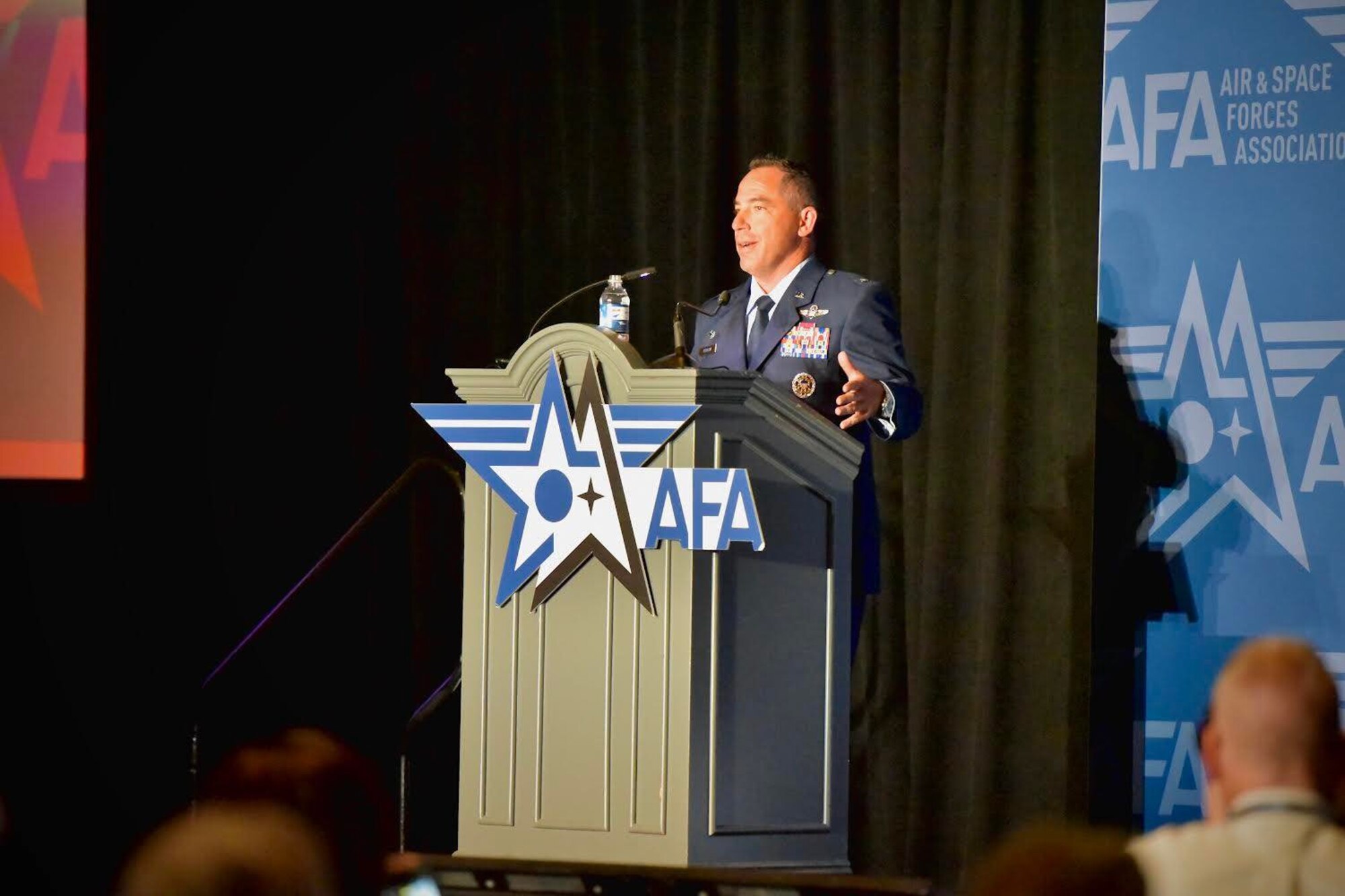 U.S. Air Force Col. Josh Koslov, 350th Spectrum Warfare commander, moderates the Electromagnetic Warfare (EW) Panel during the Air, Space & Cyber Conference in Washington D.C., Sept. 21, 2022. The panel hosted representatives from industry and focused on the collaboration, architecture, and workforce needed between the military and industry to produce cutting-edge EW capabilities to deliver to warfighters to ensure dominance in the Electromagnetic Spectrum. (U.S. Air Force photo by 1st Lt Benjamin Aronson)