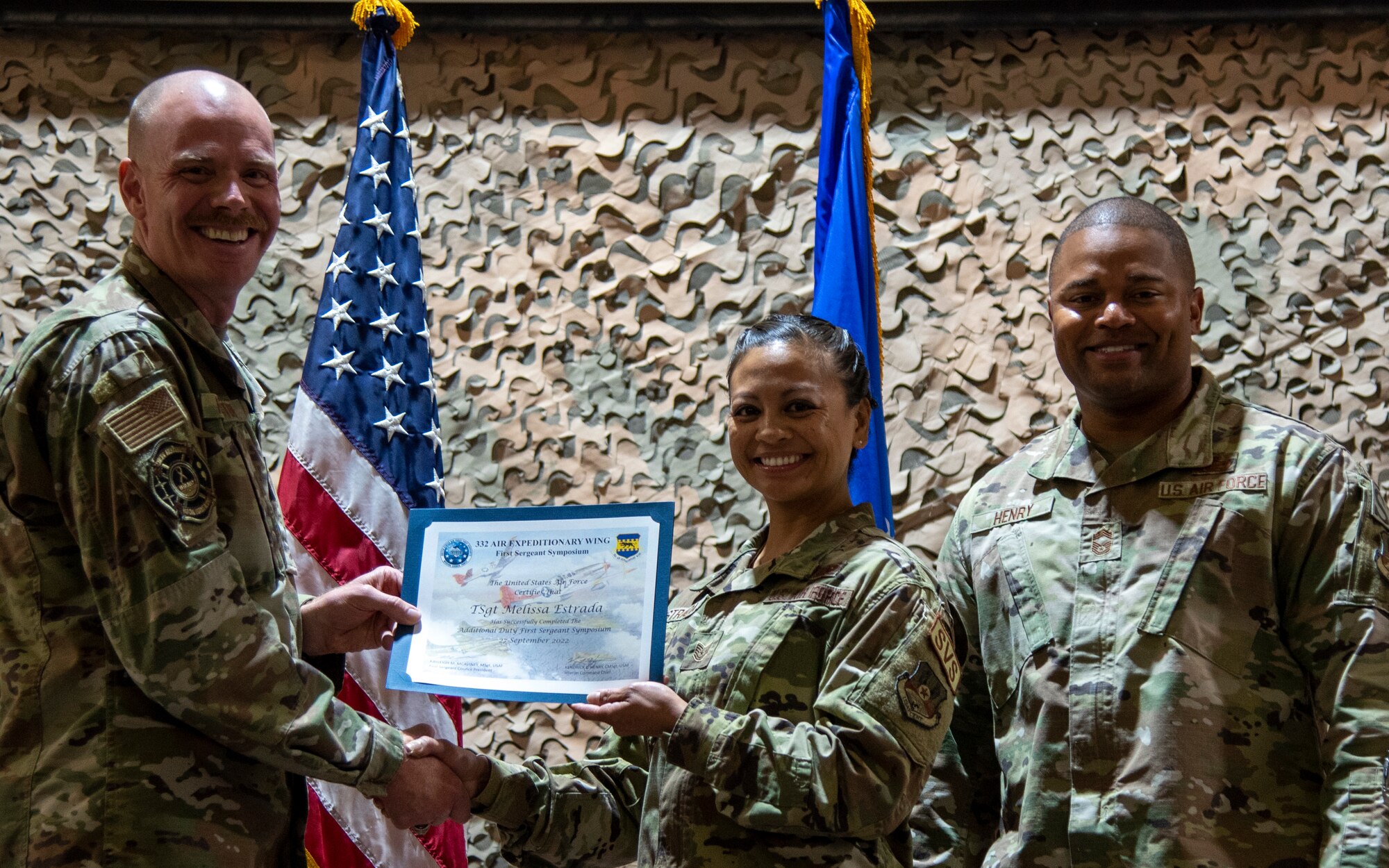 Non-commissioned officers with the 332d Air Expeditionary Wing graduate from First Sergeant Symposium at an undisclosed location in Southwest Asia, Sept 27, 2022. They learned leadership, mental resiliency and other competencies from previous 1st Sgts. and Helping Agency Team members. (U.S. Air Force photo by: Tech. Sgt. Jim Bentley)
