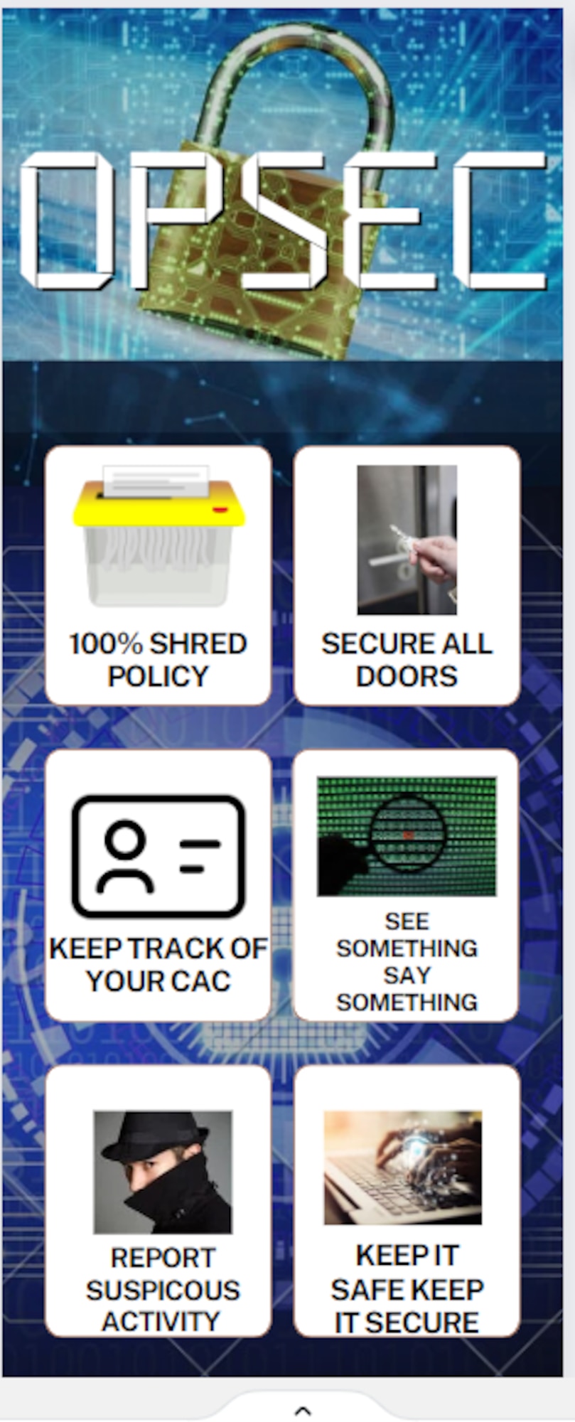 A graphic displays ways to use Operational Security to protect U.S. Air Force, Airmen and Department of Defense operations. OPSEC is used to thwart adversaries from collecting data to be used against the U.S. military and the members currently serving around the globe. (U.S. Air Force graphic by Senior Airman Thomas Karol)