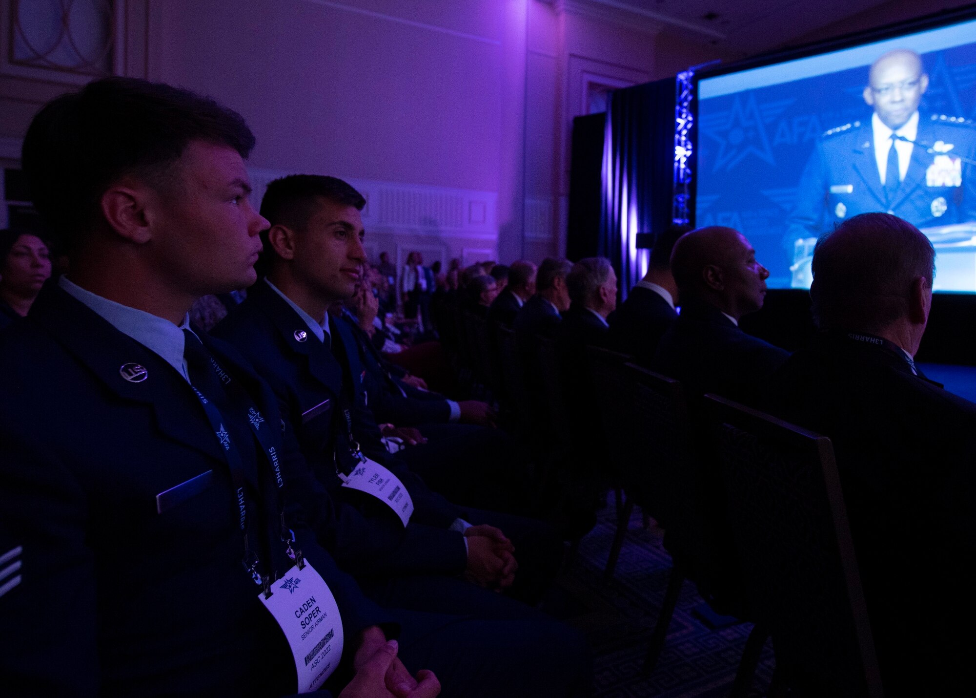 Senior Airman Caden A. Soper, 2022 Outstanding Airman of the Year representing Pacific Air Forces, listens to Air Force Chief of Staff Gen. CQ Brown, Jr., give the State of the Air Force address at the Air and Space Forces Association’s Air, Space and Cyber Conference in National Harbor, Md., Sept. 19, 2022. Soper was recognized as one of the 12 Outstanding Airmen of the Year based upon superior leadership, job performance and personal achievement. (U.S. Air Force photo by Staff Sgt. Nick Z. Erwin)