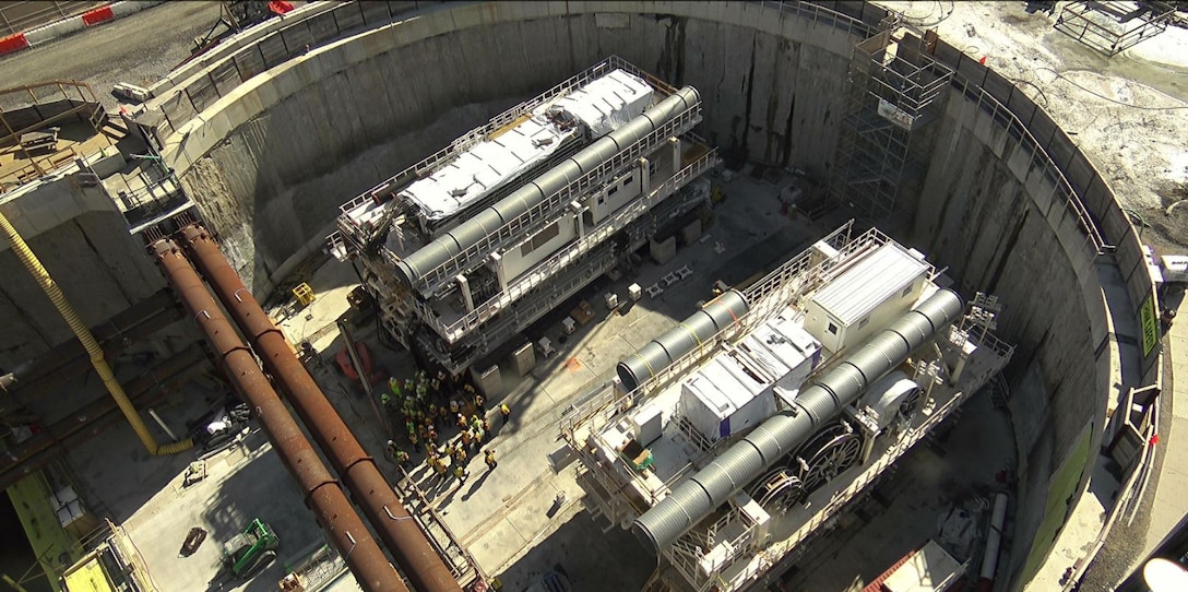 An ariel view provides a visual perspective inside cell three of the launch shaft at the South Island excavation site, Hampton, Virginia, Sept. 25, 2022.