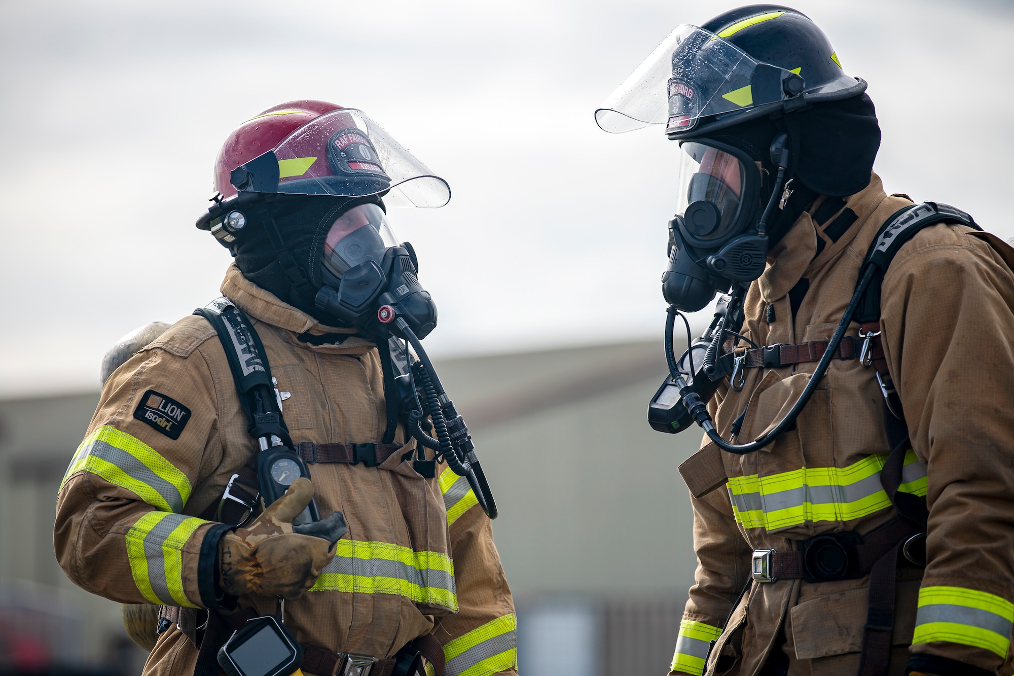 Firefighters from the 422d Fire Emergency Services extinguish an aircraft fire during a live-fire training exercise at RAF Fairford, England, Oct. 3, 2022. Firefighters from the 422d FES are required to complete live-fire training bi-annually to test their overall readiness and ability to properly extinguish an aircraft fire. (U.S. Air Force photo by Staff Sgt. Eugene Oliver)