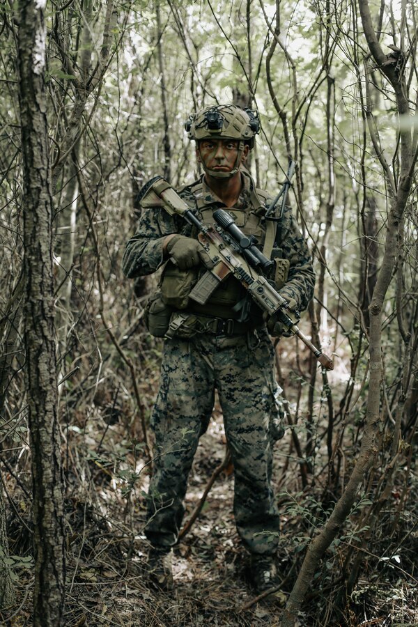 U.S. Marine Corps Sgt. Jake Brandimarte, a Seaford, New York, native and squad leader with 1st Battalion, 6th Marine Regiment, 2d Marine Division, poses for a photo during Marine Corps Combat Readiness Evaluation on Camp Lejeune, North Carolina, Sept. 28, 2022.