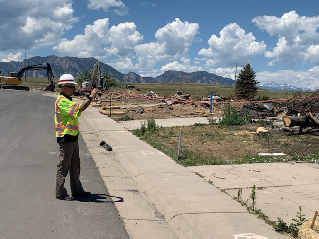 USACE Omaha District volunteer, Mohammad “Mo” Mehdi Pour Nahari, assigned as a Technical Monitor since May 1, performs a final site visit on a recently cleared property during the Marshall Fire Debris Removal Mission in Boulder County, Colo.
(courtesy photo)