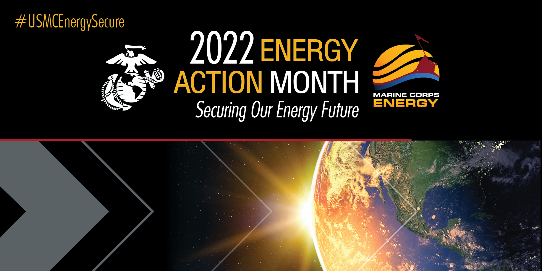 Graphic for the 2022 Energy Action Month with a picture of the Earth from outer space, the sun just peeking out from the side.