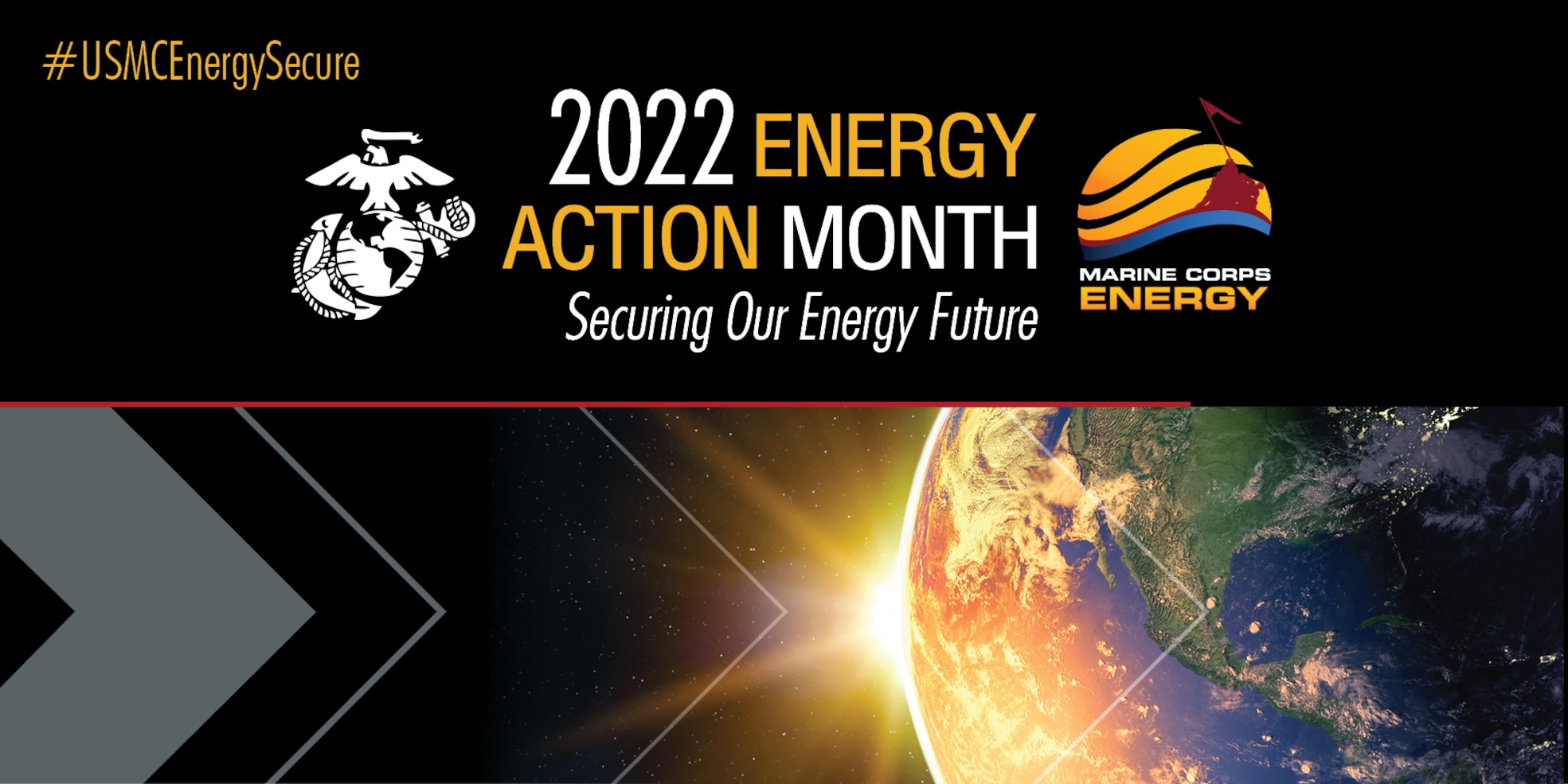 Graphic for the 2022 Energy Action Month with a picture of the Earth from outer space, the sun just peeking out from the side.