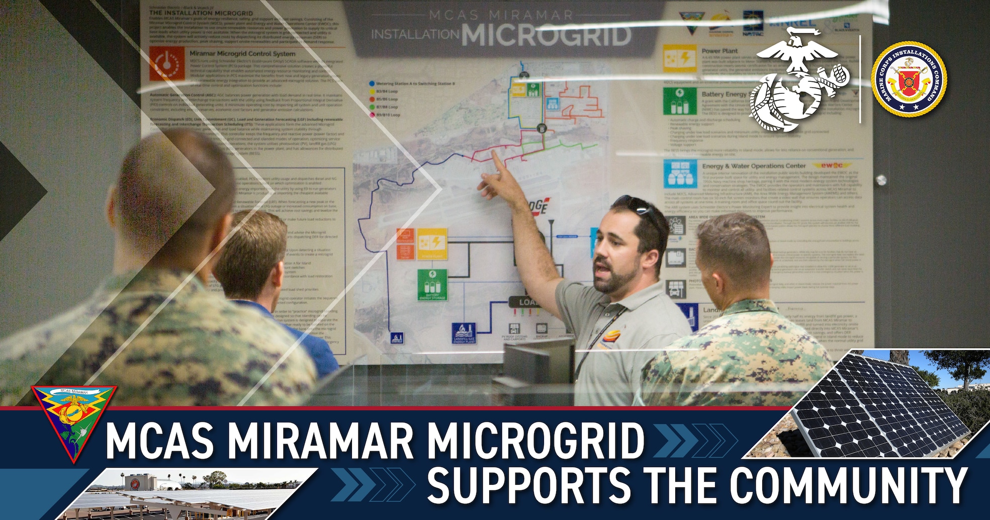 Graphic of a Marine pointing at a whiteboard with three other Marines observing. Text below says, "MCAS Miramar Microgrid Supports the Community".