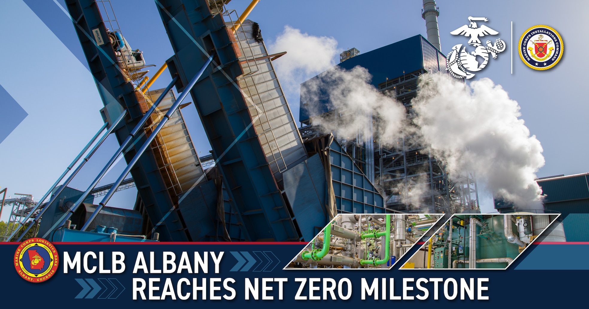 Graphic of a factory with steam coming out, text below says, "MCLB Albany Reaches Net Zero Milestone".