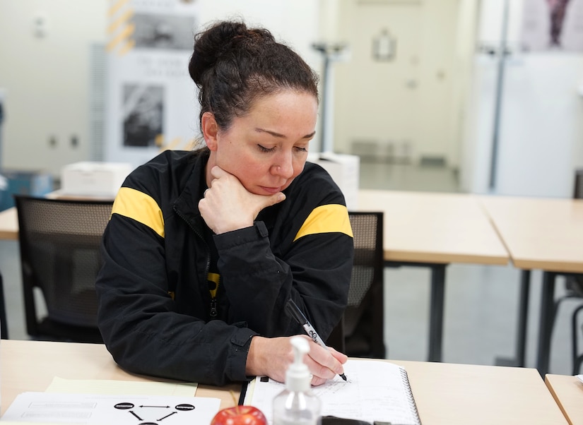 Capt. Julie Kane, a medical officer with the Medical Detachment, Alaska Army National Guard takes notes during a class on psychological patterns Aug. 27, 2022 during the annual wellness camp at Camp Carroll, Joint Base Elmendorf-Richardson, Alaska. Specialists from the Steven A. Cohen Clinic, a military family clinic in Anchorage, Alaska, partnered with the state resiliency program to bring their expertise to the wellness camp. (Alaska National Guard photo by Staff Sgt. Katie Mazos-Vega)