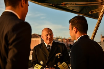 VENICE, Italy (Oct. 6, 2022) Chief of Naval Operations Adm. Mike Gilday meets with Sailors aboard the Italian navy training ship ITS Amerigo Vespucci during the 13th Trans-Regional Seapower Symposium (TRSS), hosted by the Italian Navy. Held every two years, TRSS provides a forum for international Naval leaders, organizations and agencies from more than 50 nations to discuss the latest developments in confronting maritime challenges. (U.S. Navy photo by Cmdr. Courtney Hillson/released)