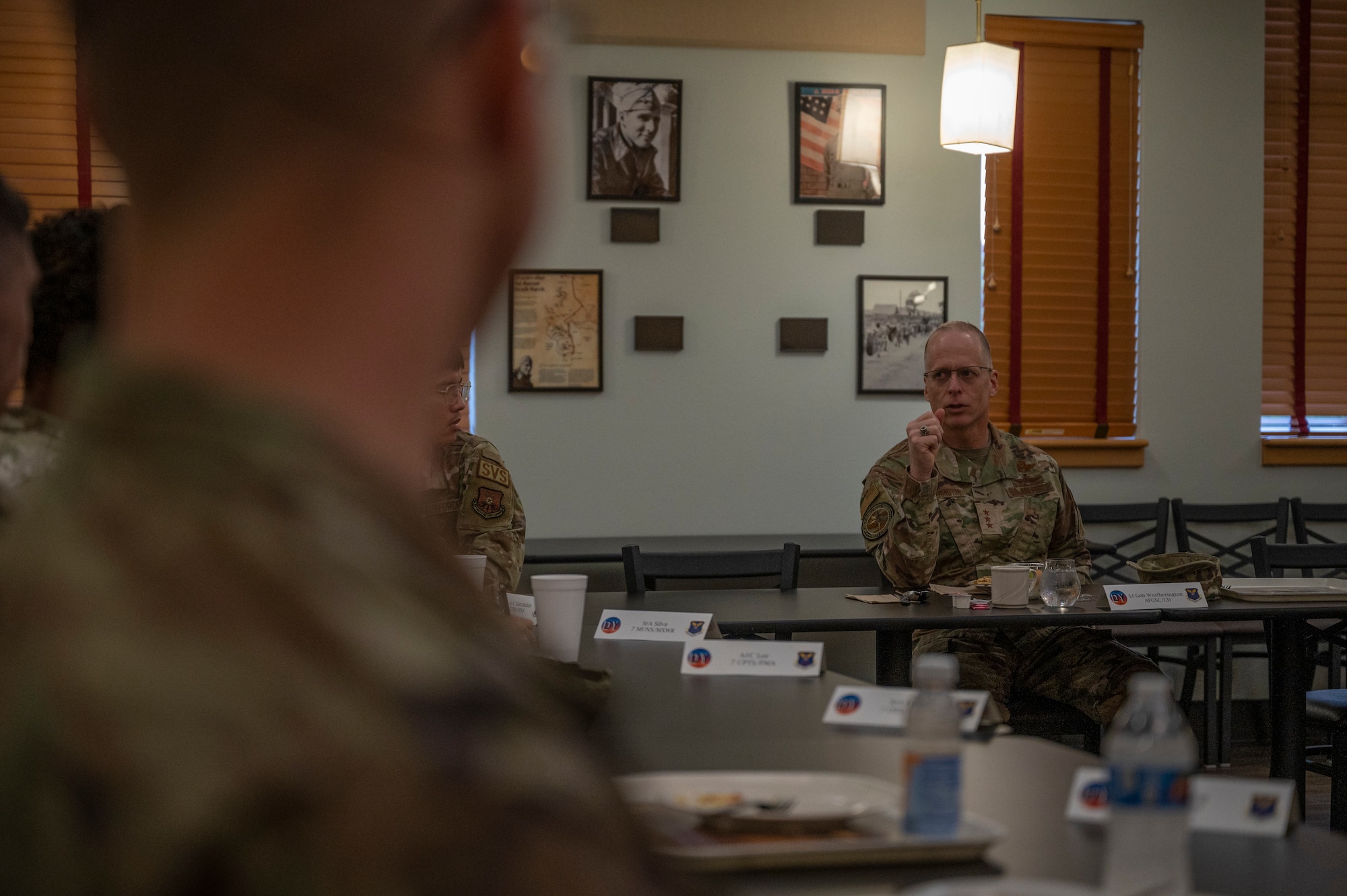 Lt. Gen. Mark Weatherington, Air Force Global Strike Command deputy commander, speaks with Airmen while at Dyess Air Force Base, Texas, Sept. 23, 2022.  During Weatherington’s visit, he started off with a breakfast with Airmen varying from many different 7th BW squadrons in order to get to know them personally. (U.S. Air Force photo by Senior Airman Reilly McGuire)