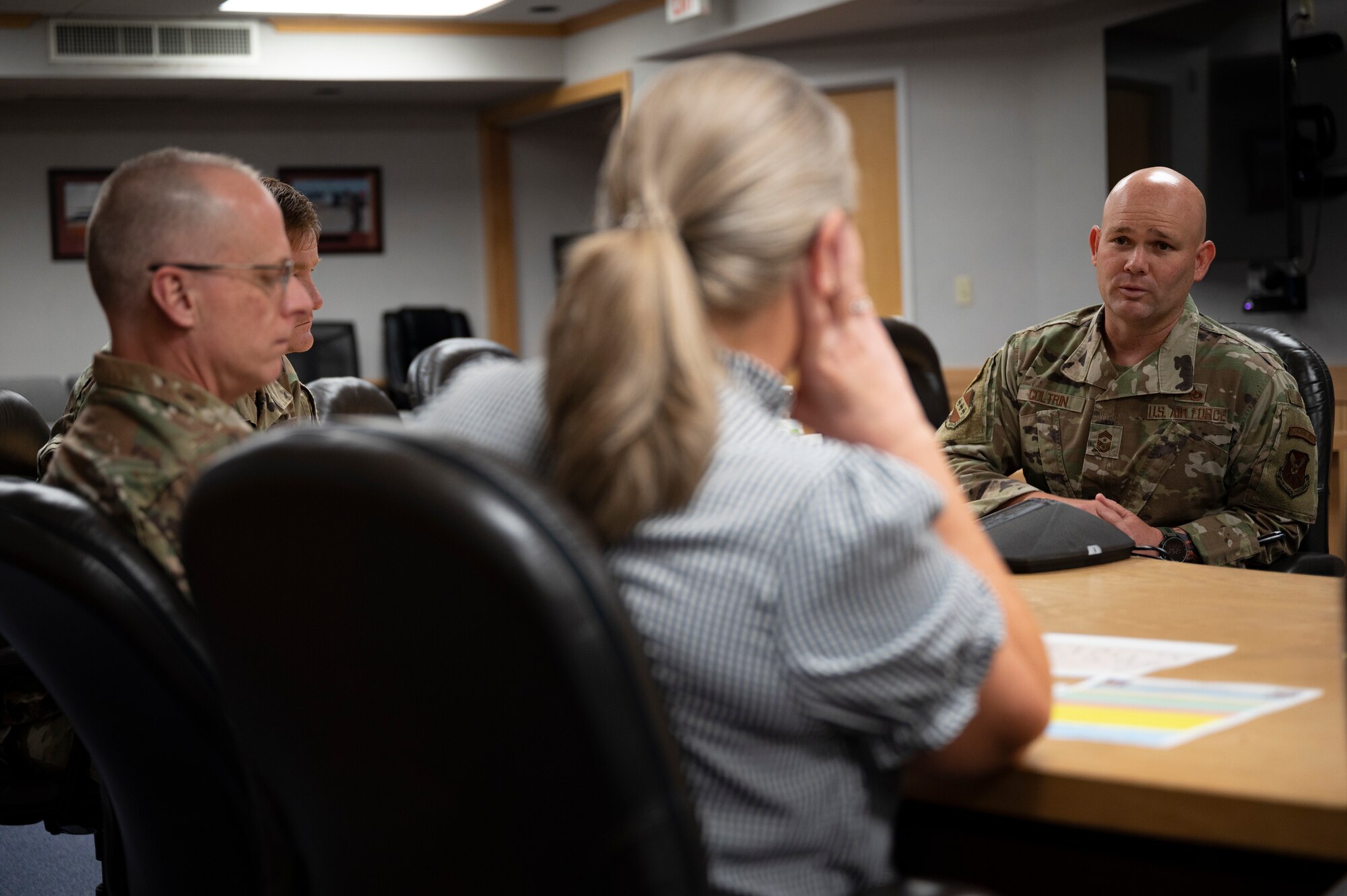 Chief Master Sgt. Matthew Coltrin, 7th Bomb Wing command chief, right, briefs Lt. Gen. Mark Weatherington, Air Force Global Strike Command deputy commander, at Dyess Air Force Base, Texas, Sept. 23rd, 2022. Coltrin’s briefing covered the base’s Airmen quality of life, among other topics. (U.S. Air Force photo by Senior Airman Reilly McGuire)
