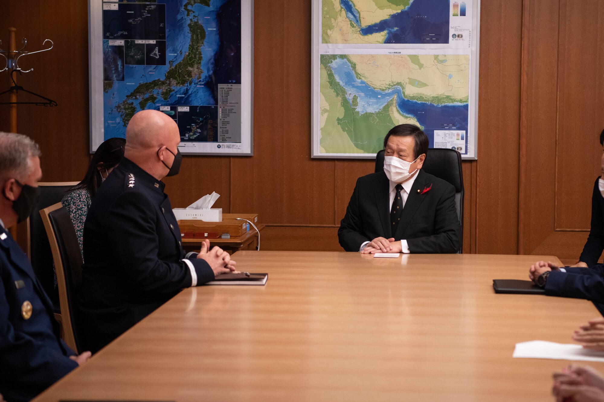 U.S. Space Force Gen. John W. Raymond, Chief of Space Operations, left, speaks with Japan Defense Minister Yasukazu Hamada, right, during his visit to engage with senior officials from Japan’s Ministry of Defense, in Tokyo, Japan, Oct. 5, 2022.