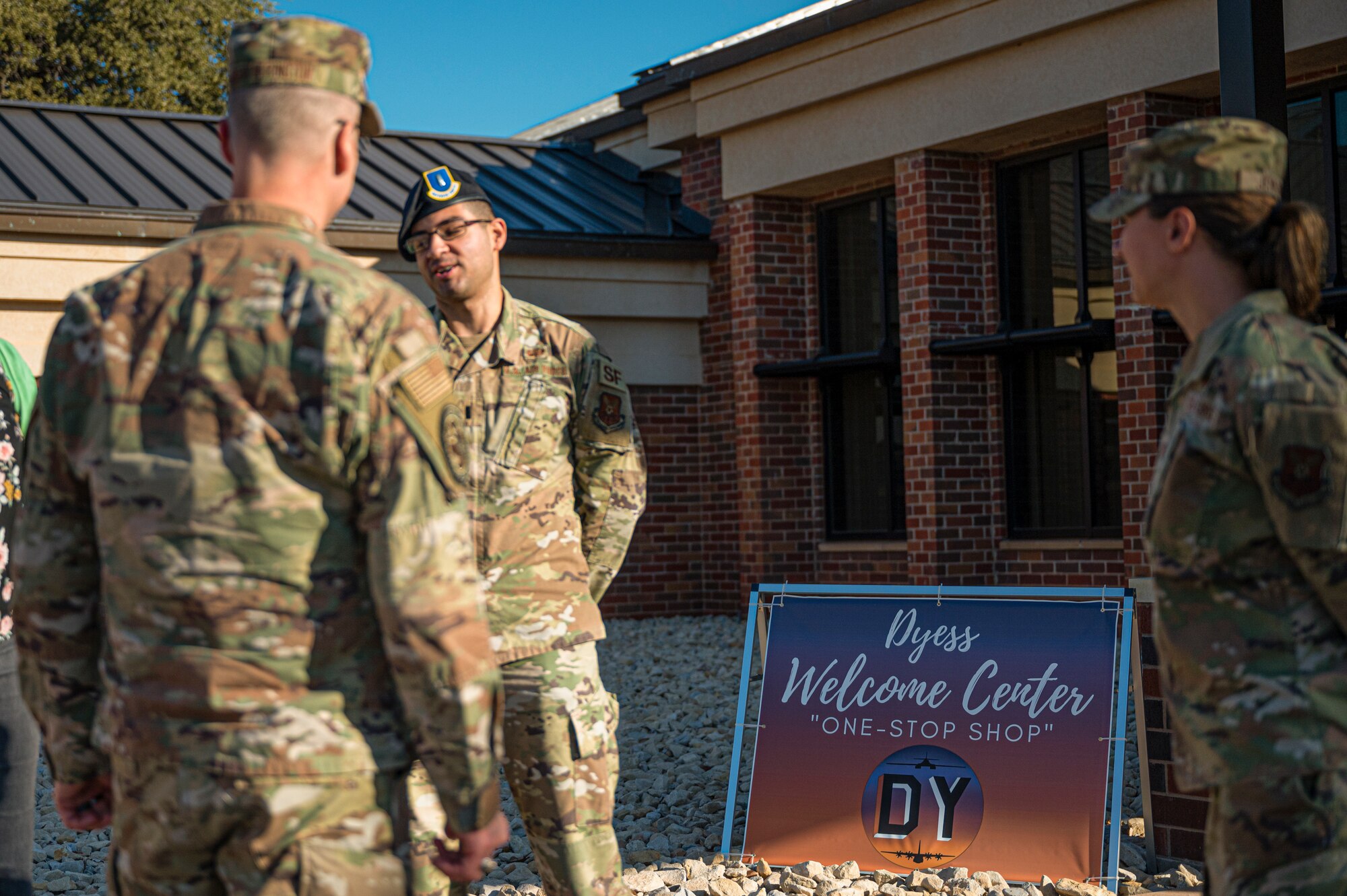 Lt. Gen. Mark Weatherington, Air Force Global Strike Command deputy commander, is greeted at the 7th Force Support Squadron Welcome Center, Dyess Air Force Base, Texas, Sept. 23, 2022. The Dyess Welcome Center increases readiness, reducing relocation and in-processing stress by providing a one-stop shop for our military members and their families. (U.S. Air Force photo by Senior Airman Reilly McGuire)