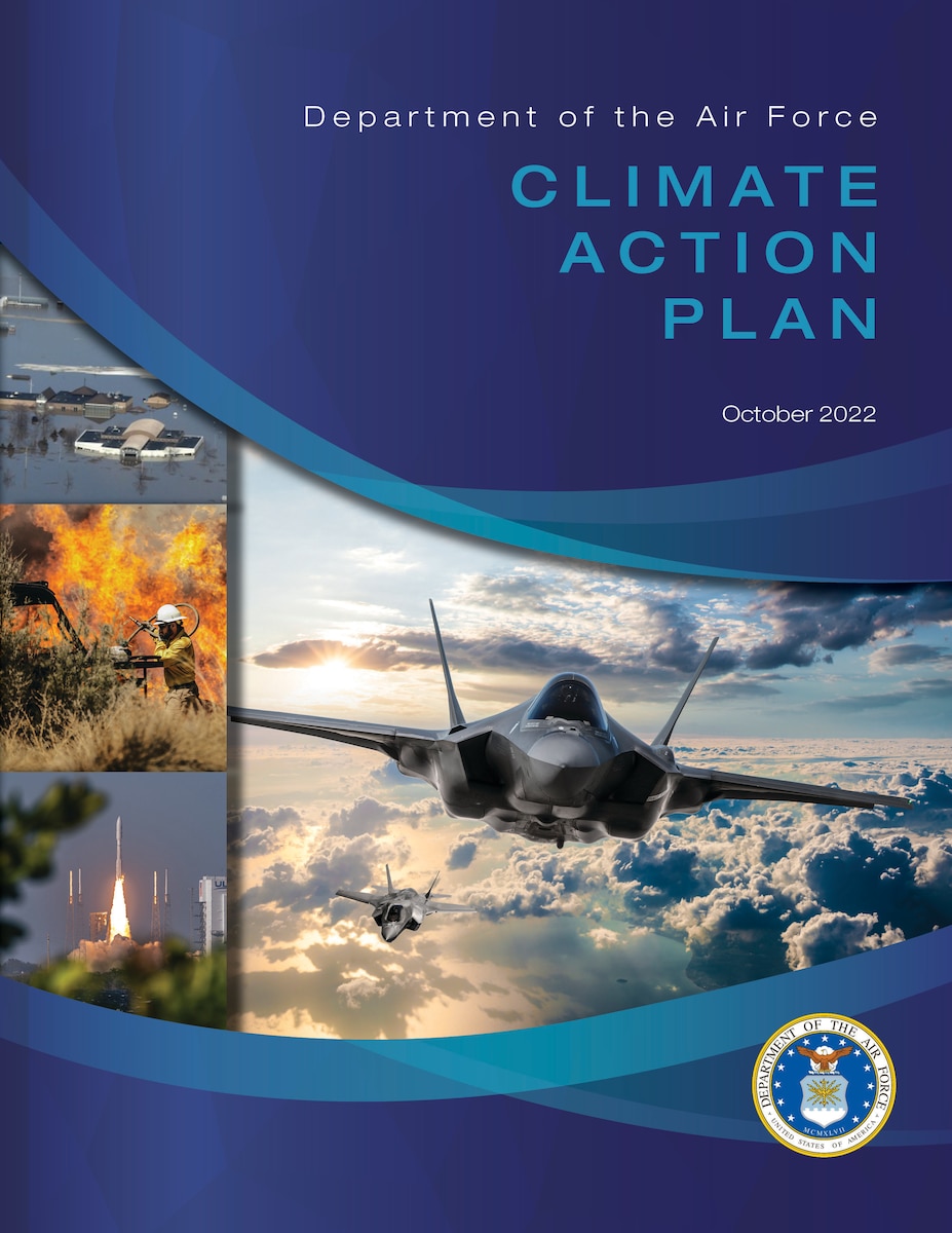 Image of a report cover with several photos showing climate-related Air Force activities.