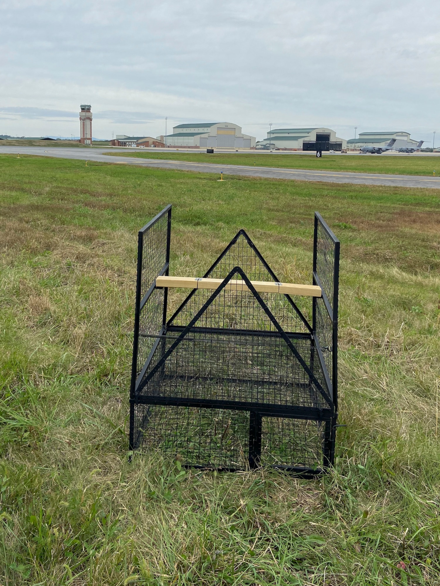 A bird trap made by Airmen in the 167th Maintenance Group’s Fabrication Flight sits on the airfield near the 167th Airlift Wing, Shepherd Field, Martinsburg, West Virginia, Sept. 30, 2022.