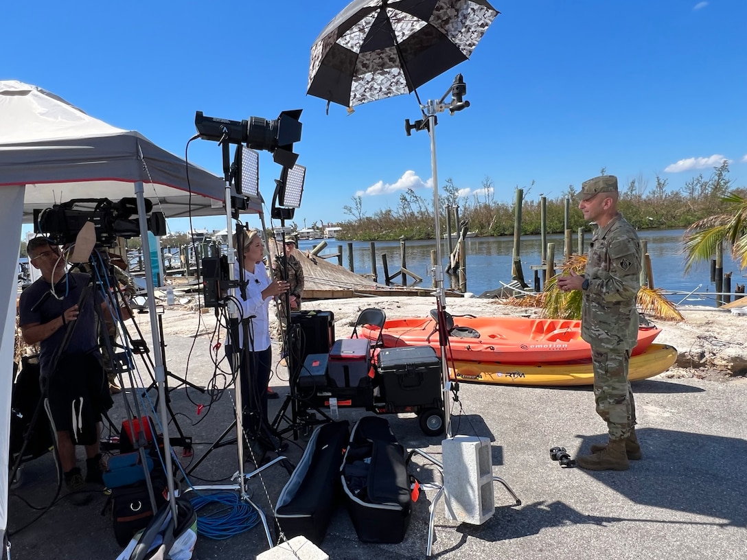 Lt. Gen. Scott Spellmon, commanding general of the U.S. Army Corps of Engineers and 55th chief of engineers, talks with NBC news reporter Dasha Burns during an interview Oct. 5, 2022 near Fort Myers Beach.
