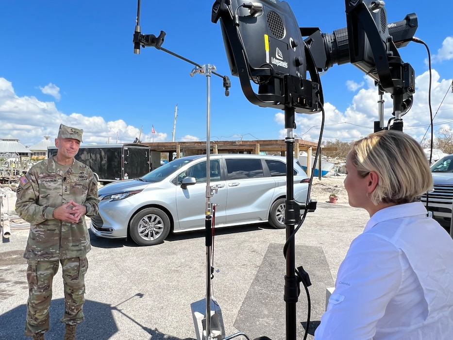 Col. James Booth, U.S. Army Corps of Engineers Jacksonville District commander, greets Lt. Gen. Scott Spellmon, commanding general of the U.S. Army Corps of Engineers and 55th chief of engineers.  Spellmon toured damaged areas of Fort Myers Beach.