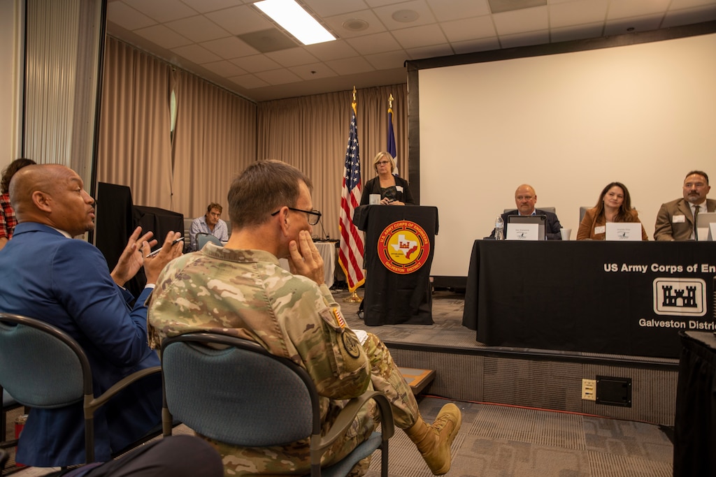 [From left to right] U.S. Army Corps of Engineers (USACE) Galveston Deputy District Engineer Byron Williams and District Commander Col. Rhett A. Blackmon discuss their collaborative efforts with non-federal partners during the Fall 2022 Stakeholder Partnering Forum, October 6, 2022. 

The forum helps the Galveston District identify opportunities to better support stakeholder commitments and emerging interests for planning studies, preconstruction, engineering and, construction, operations and maintenance.
