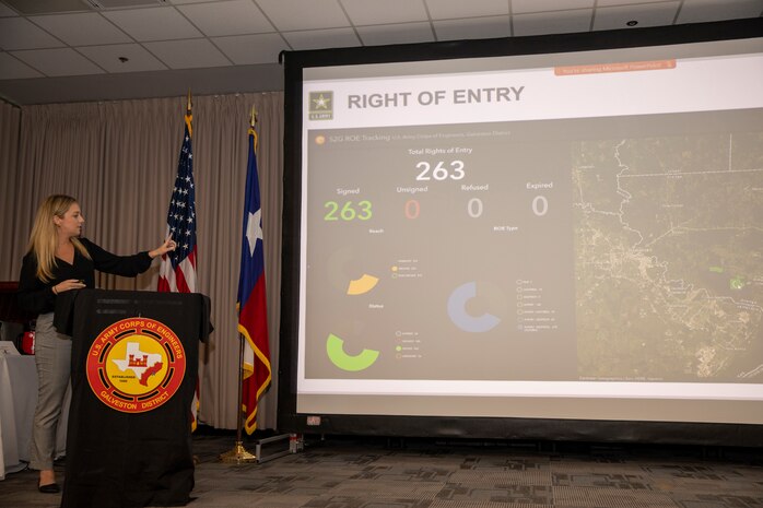 Kelsey Ciarrocca, a cartographer with the U.S. Army Corps of Engineers (USACE) Galveston District’s Real Estate Division, gives a presentation on creating transparent acquisition processes during the Fall 2022 Stakeholder Partnering Forum (SPF), October 6, 2022.

This SPF’s theme was “Recasting Project Delivery through Texas, for the Nation.”

USACE Galveston representatives and their non-federal stakeholders provided updates on their collaborative endeavors for the Coastal Texas community.