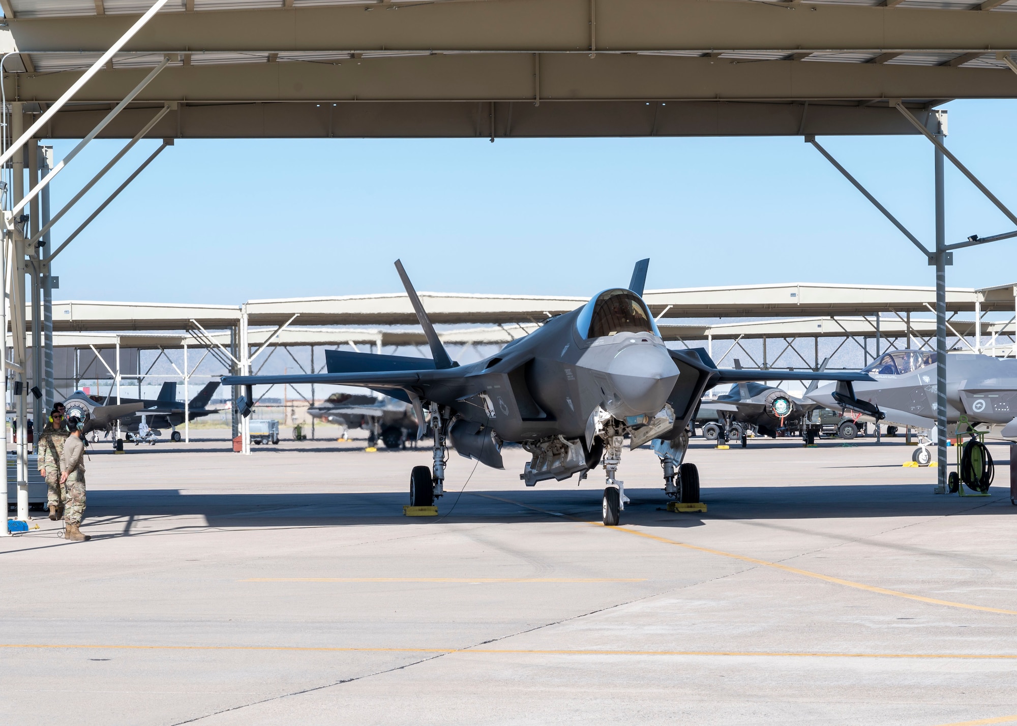 A U.S. Air Force F-35A Lightning II aircraft performs functionality checks before takeoff Oct. 3, 2022, at Luke Air Force Base, Arizona.