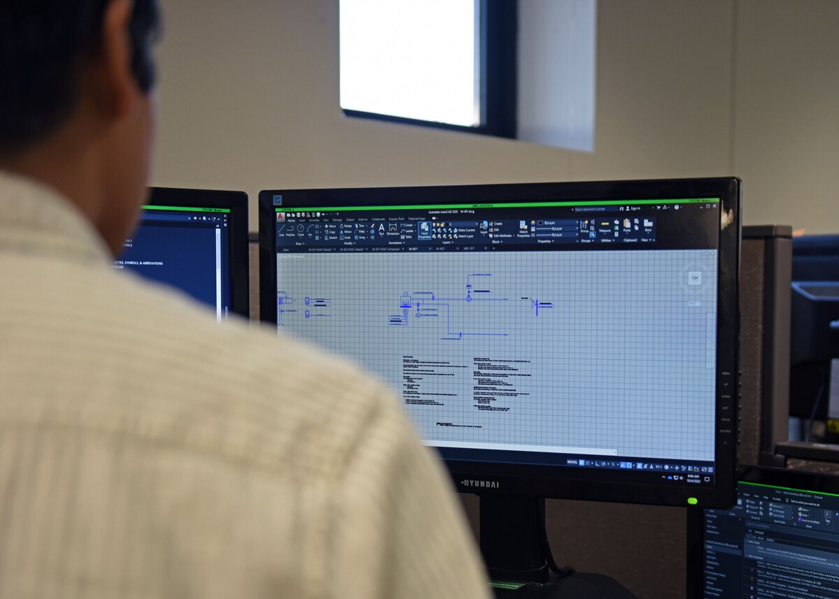 Rafael Mendoza, 17th Civil Engineer Squadron mechanical engineer, designs a building at Goodfellow Air Force Base, Texas, Oct. 4, 2022. Mendoza completed the requirements for his bachelor's degree in mechanical engineering from Angelo State University. (U.S. Air Force photo by Airman 1st Class Sarah Williams)