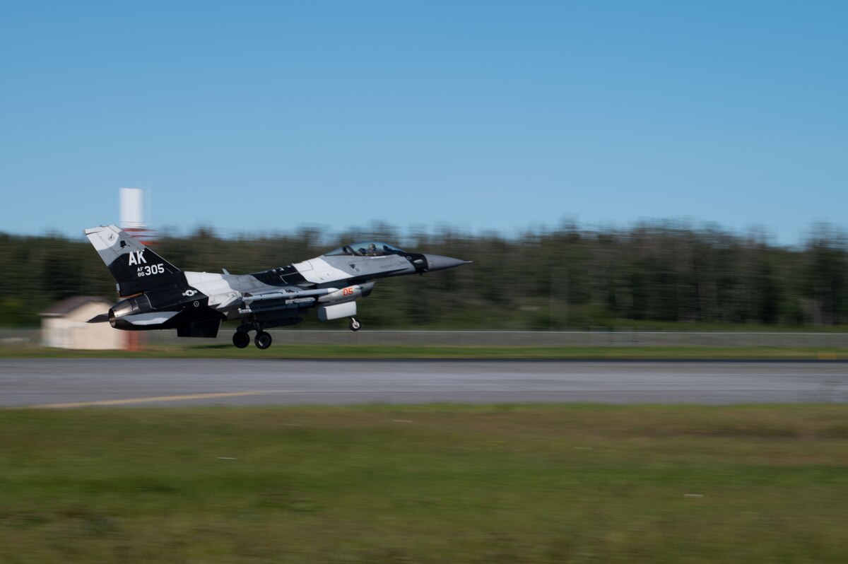 A U.S. Air Force F-16 Fighting Falcon takes off during RED FLAG-Alaska 22-3 at Eielson Air Force Base, Alaska, Aug 10, 2022. RF-A 23-1 starts Oct 6, 2022 at Eielson with the 18th Aggressor Squadron participating among other units. (U.S. Air Force photo by Airman 1st Class Ricardo Sandoval)