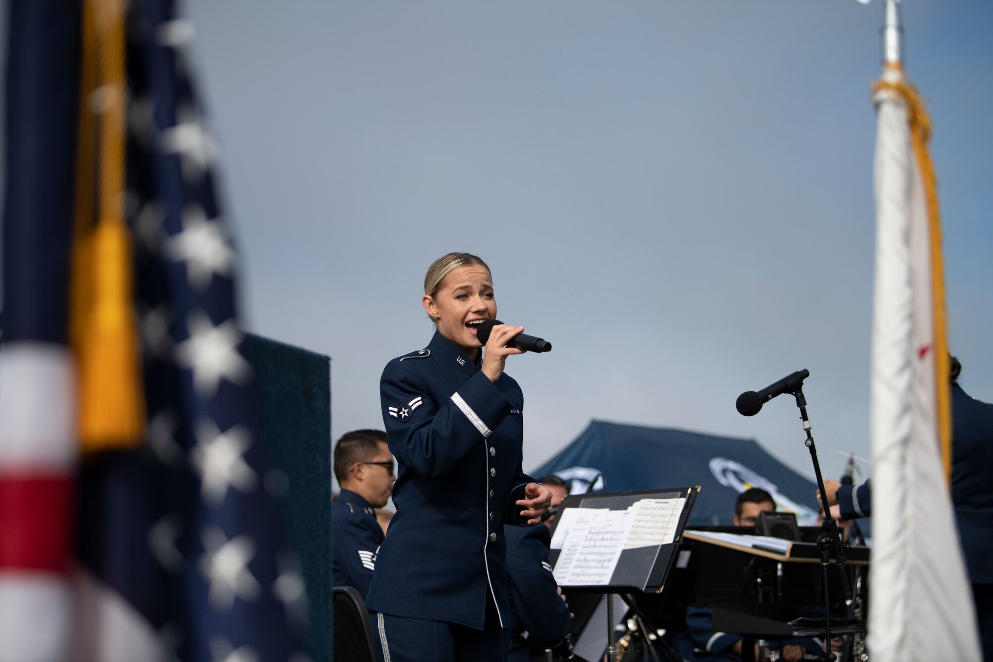 U.S. Air Force Airman 1st Class Natalie Angst, USAF Band of the Golden West vocalist, sings a rendition of J.G. Magee’s “High Flight” at the Presidio Tunnel Tops, San Francisco, California, Oct. 6, 2022.