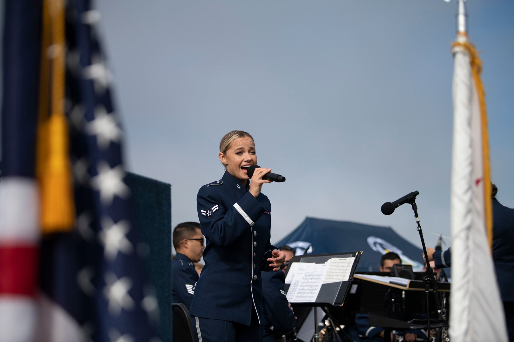 U.S. Air Force Airman 1st Class Natalie Angst, USAF Band of the Golden West vocalist, sings a rendition of J.G. Magee’s “High Flight” at the Presidio Tunnel Tops, San Francisco, California, Oct. 6, 2022.