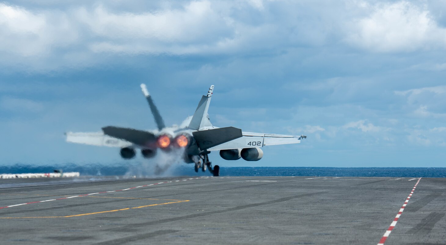 WATERS BETWEEN JAPAN AND THE REPUBLIC OF KOREA (Oct. 6, 2022) An F/A-18E Super Hornet, attached to the Dambusters of Strike Fighter Squadron (VFA) 195, launches from the flight deck of the U.S. Navy’s only forward-deployed aircraft carrier, USS Ronald Reagan (CVN 76), in the Sea of Japan, Oct. 6. Ronald Reagan, the flagship of Carrier Strike Group 5, provides a combat-ready force that protects and defends the United States, and supports alliances, partnerships and collective maritime interests in the Indo-Pacific region. (U.S. Navy Photo by Mass Communication Specialist 2nd Class Michael B. Jarmiolowski)