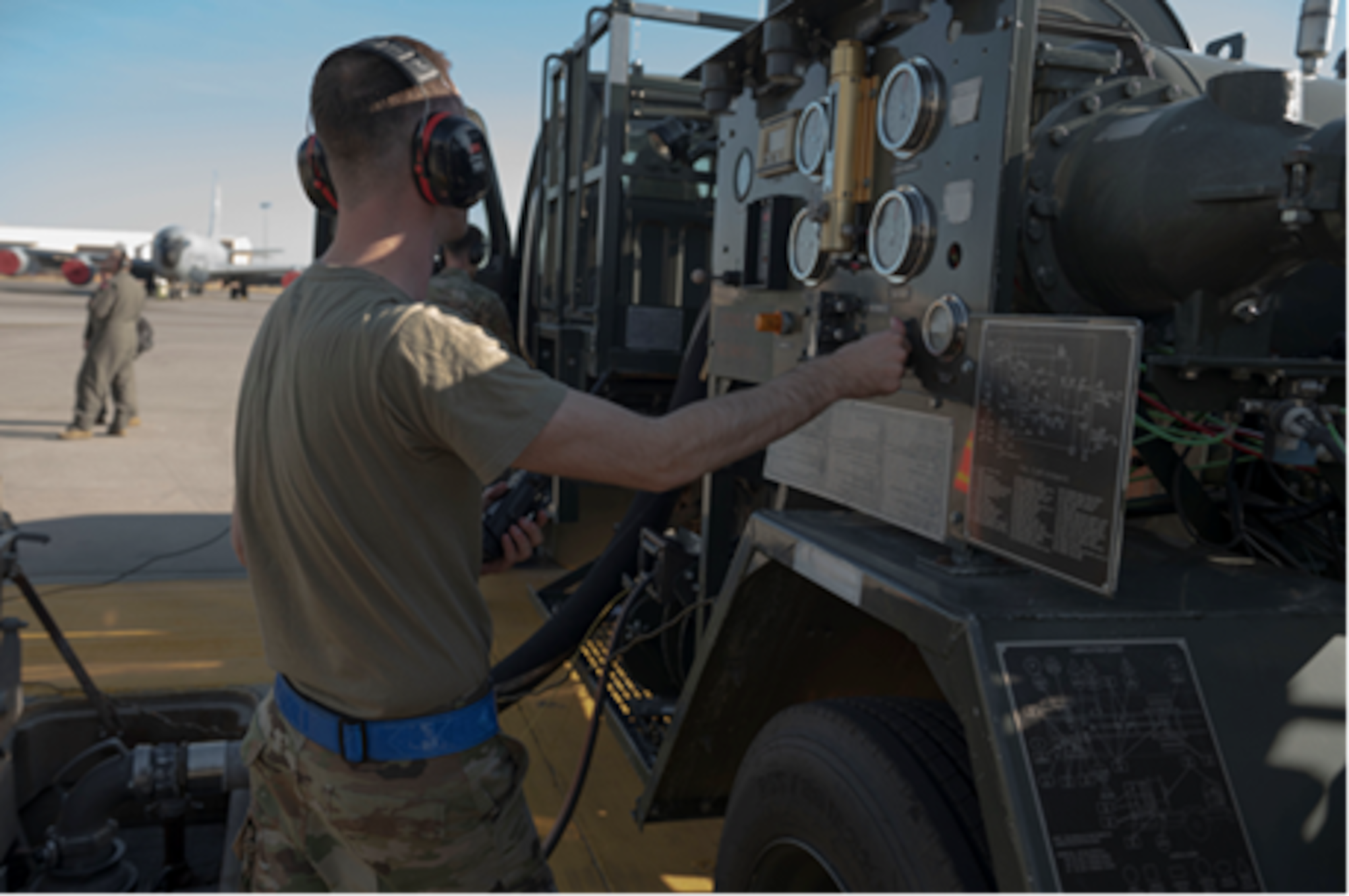 U.S. Air Force Staff Sgt. Samuel Frisell, 92nd Logistics Readiness Squadron fuels specialist, performs hot-pit refueling on a KC-135 Stratotanker aircraft during a 72-hour endurance mission at Fairchild Air Force Base, WA, Oct. 4, 2022. Hot-pit refueling minimizes the amount of time aircraft are on the ground and maximize aircraft reliability by eliminating the need to cycle power, hydraulics, and avionics. (U.S. Air Force Photo by 2nd Lt. Ariana E. Wilkinson)